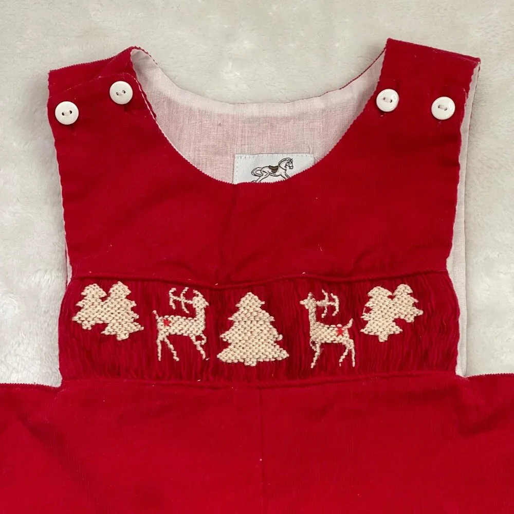 Proper Charlie Smocked‎ Reindeer Longalls Baby Boys 12M 100% Cotton Red Corduroy